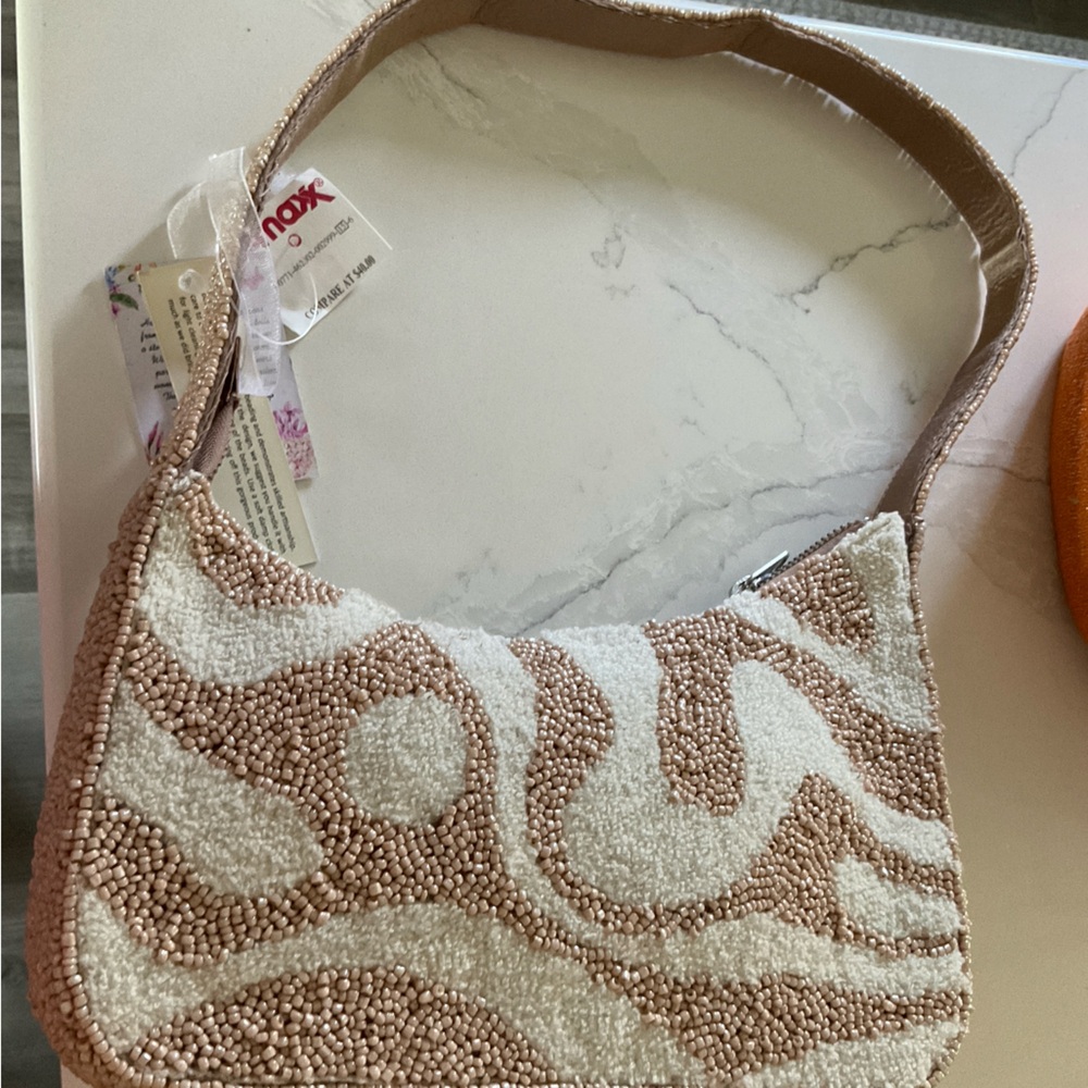 India Boutique Tan and White Shoulder Bag with Textured Pattern